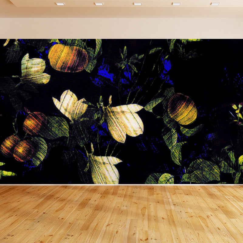 Black Florentine and Leaves Mural Wallpaper for Decoration Modern Living Room Wall Art Clearhalo 'Wall Decor' 'Wall Mural' 1698396