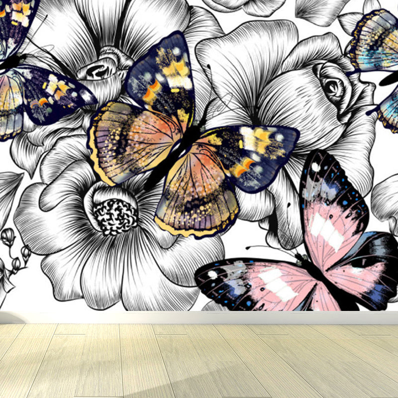 Dancing Butterflies and Flowers Mural Wallpaper for Living Room Summer Wall Art, Custom Grey Clearhalo 'Wall Decor' 'Wall Mural' 1698404