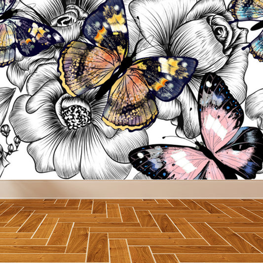 Dancing Butterflies and Flowers Mural Wallpaper for Living Room Summer Wall Art, Custom Clearhalo 'Wall Decor' 'Wall Mural' 1698405