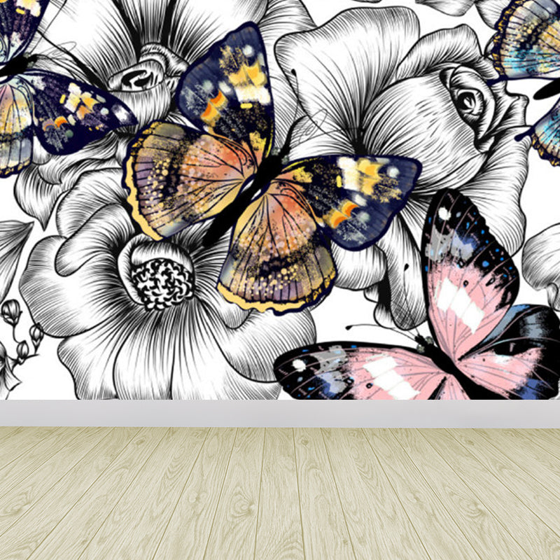 Dancing Butterflies and Flowers Mural Wallpaper for Living Room Summer Wall Art, Custom Clearhalo 'Wall Decor' 'Wall Mural' 1698406