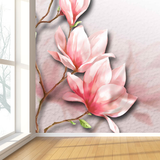 Illustration Style Flower Branch Mural Decal for Living Room, Pink, Personalized Clearhalo 'Wall Decor' 'Wall Mural' 1698420
