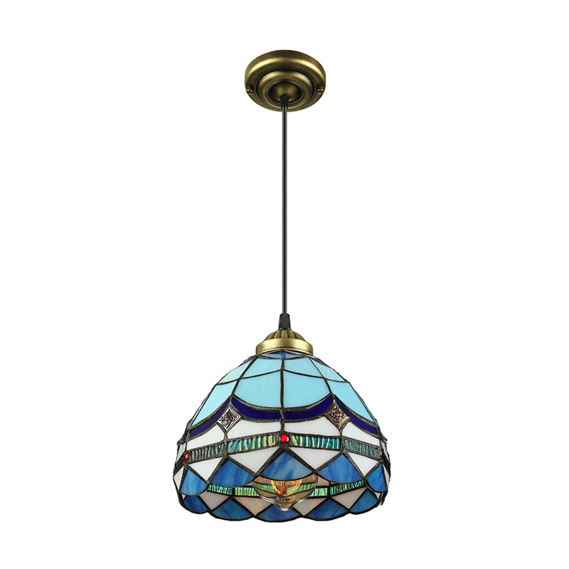 Hanging Lights for Dining Table, Floral Shade Pendant Ceiling Lamp in Blue with Art Glass Shade Tiffany Style Clearhalo 'Ceiling Lights' 'Close To Ceiling Lights' 'Glass shade' 'Glass' 'Industrial' 'Middle Century Pendants' 'Pendant Lights' 'Pendants' 'Tiffany close to ceiling' 'Tiffany Pendants' 'Tiffany' Lighting' 169843