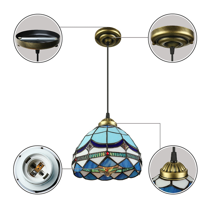 Hanging Lights for Dining Table, Floral Shade Pendant Ceiling Lamp in Blue with Art Glass Shade Tiffany Style Clearhalo 'Ceiling Lights' 'Close To Ceiling Lights' 'Glass shade' 'Glass' 'Industrial' 'Middle Century Pendants' 'Pendant Lights' 'Pendants' 'Tiffany close to ceiling' 'Tiffany Pendants' 'Tiffany' Lighting' 169845