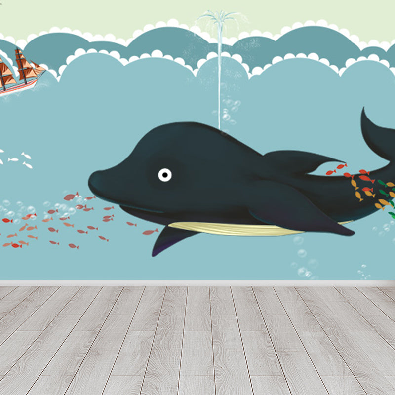 Blue Ocean Animals Wall Mural Nautical Cartoon Waterproofing Wall Art for Baby Room Black Clearhalo 'Wall Decor' 'Wall Mural' 1698474