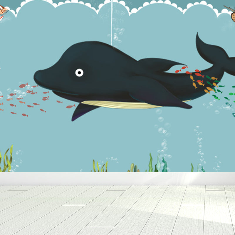 Blue Ocean Animals Wall Mural Nautical Cartoon Waterproofing Wall Art for Baby Room Clearhalo 'Wall Decor' 'Wall Mural' 1698475