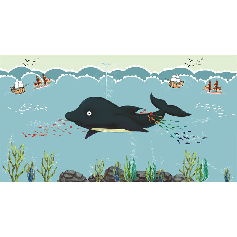 Blue Ocean Animals Wall Mural Nautical Cartoon Waterproofing Wall Art for Baby Room Clearhalo 'Wall Decor' 'Wall Mural' 1698477