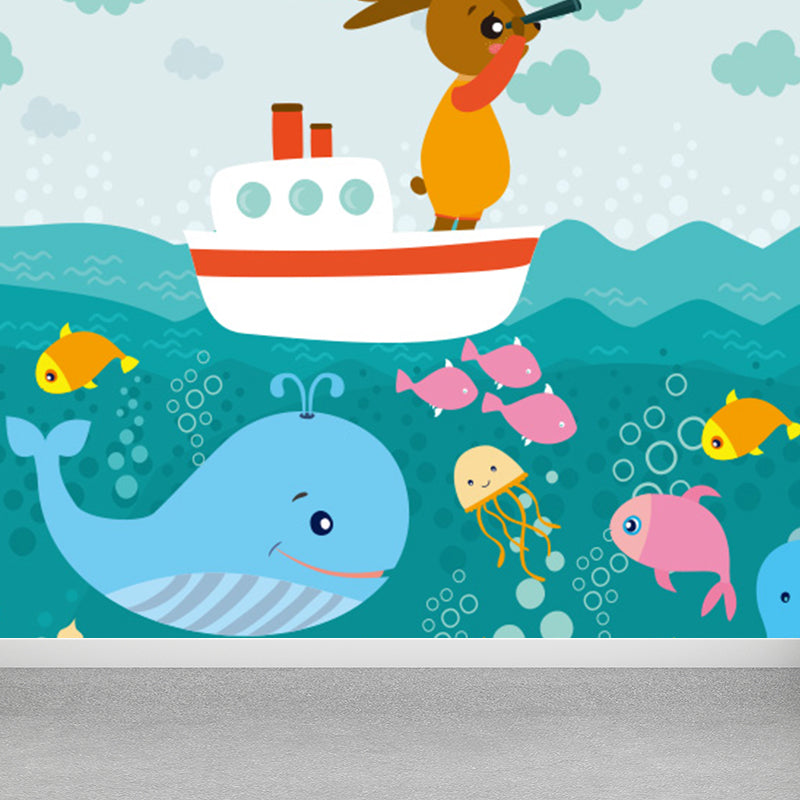 Blue Ocean Animals Wall Mural Nautical Cartoon Waterproofing Wall Art for Baby Room Clearhalo 'Wall Decor' 'Wall Mural' 1698480