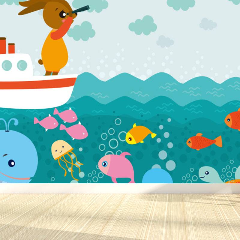 Blue Ocean Animals Wall Mural Nautical Cartoon Waterproofing Wall Art for Baby Room Clearhalo 'Wall Decor' 'Wall Mural' 1698481