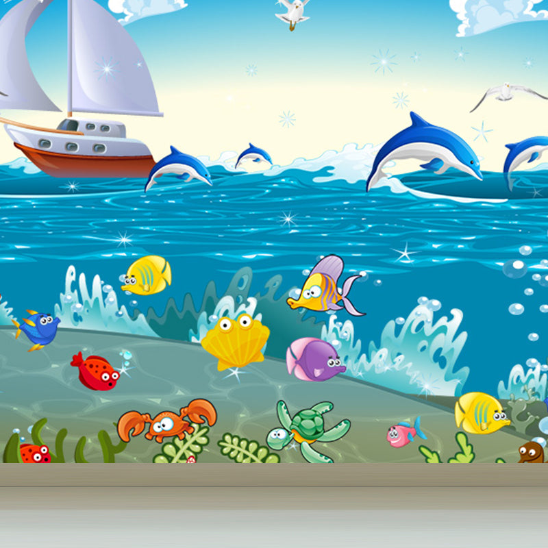 Blue Ocean Animals Wall Mural Nautical Cartoon Waterproofing Wall Art for Baby Room Ocean Blue Clearhalo 'Wall Decor' 'Wall Mural' 1698484