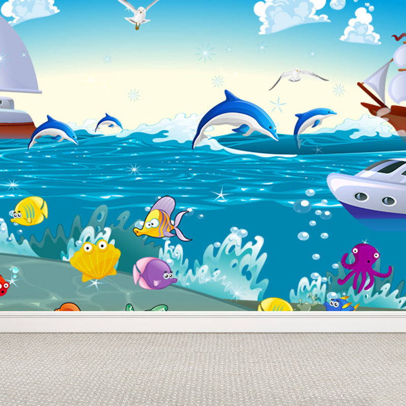 Blue Ocean Animals Wall Mural Nautical Cartoon Waterproofing Wall Art for Baby Room Clearhalo 'Wall Decor' 'Wall Mural' 1698485
