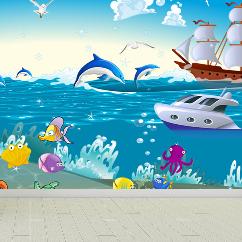 Blue Ocean Animals Wall Mural Nautical Cartoon Waterproofing Wall Art for Baby Room Clearhalo 'Wall Decor' 'Wall Mural' 1698486