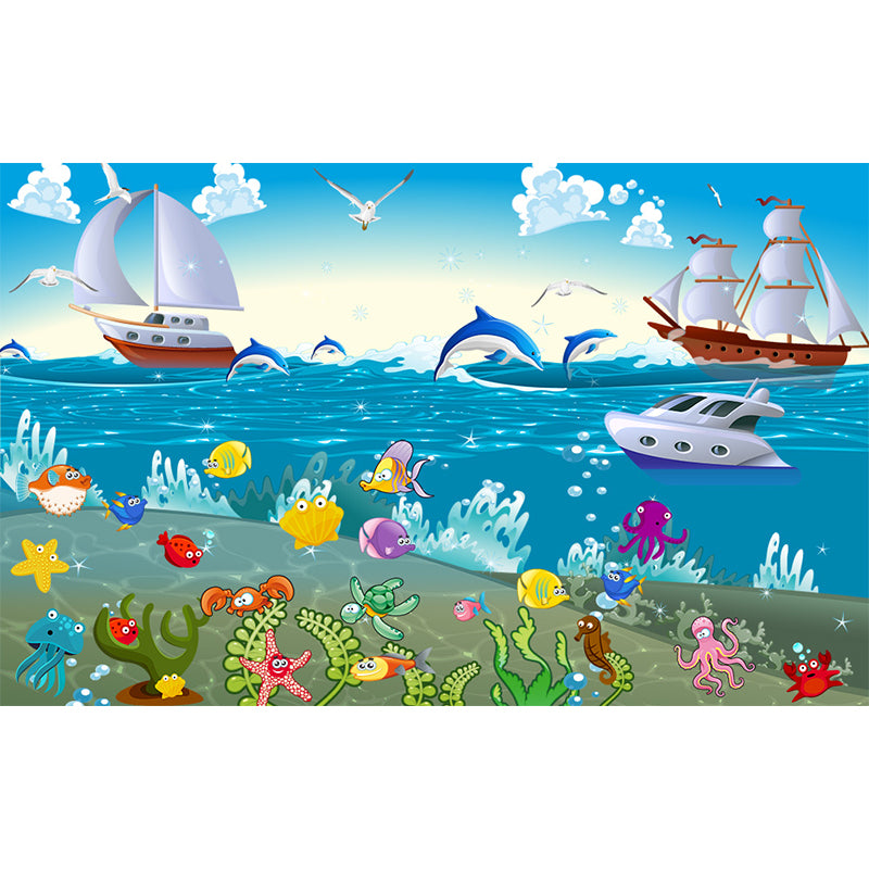 Blue Ocean Animals Wall Mural Nautical Cartoon Waterproofing Wall Art for Baby Room Clearhalo 'Wall Decor' 'Wall Mural' 1698487