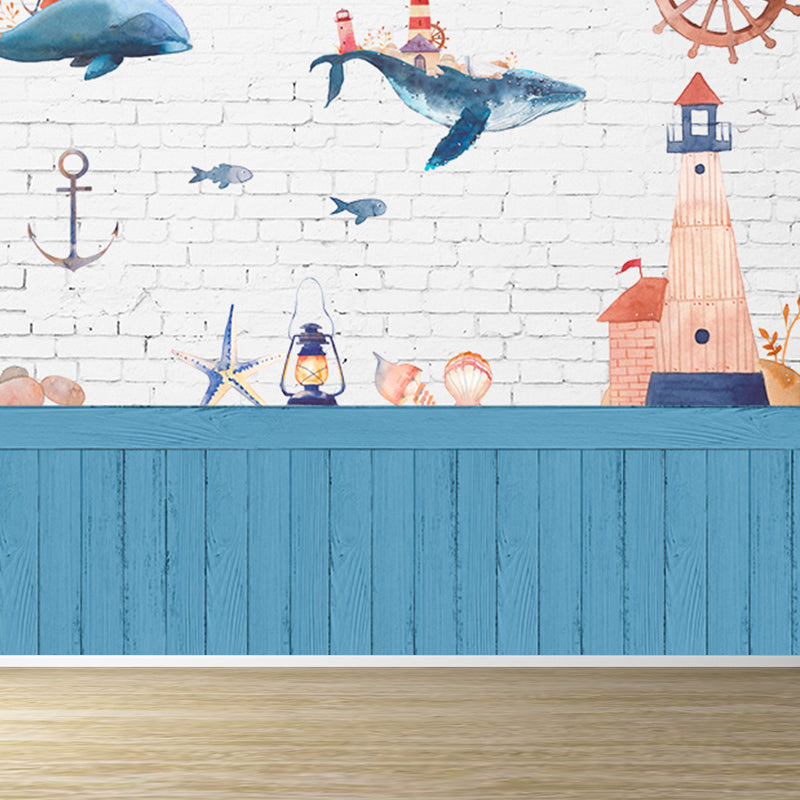 Blue Ocean Animals Wall Mural Nautical Cartoon Waterproofing Wall Art for Baby Room Clearhalo 'Wall Decor' 'Wall Mural' 1698490
