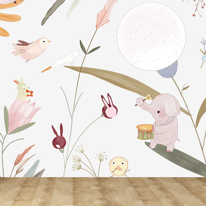 Cartoon Animal Print Mural Decal Pastel Color Moisture Resistant Wall Decor for Nursery Clearhalo 'Wall Decor' 'Wall Mural' 1698511