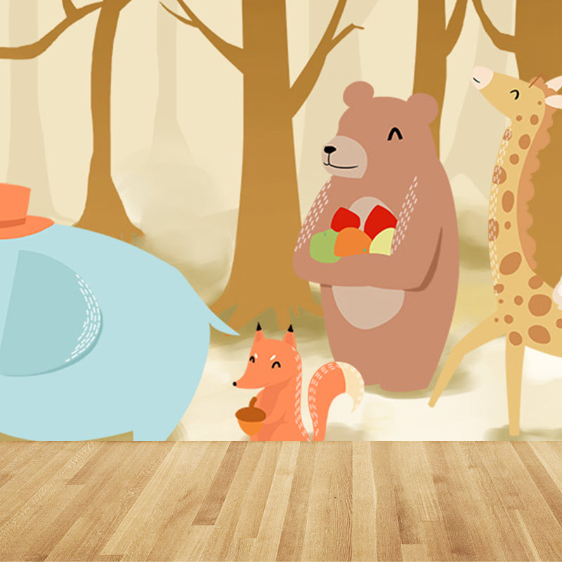 Large Cartoon Wall Mural Decal Soft Color Animal Pattern Wall Covering, Custom Made Brown Clearhalo 'Wall Decor' 'Wall Mural' 1698514