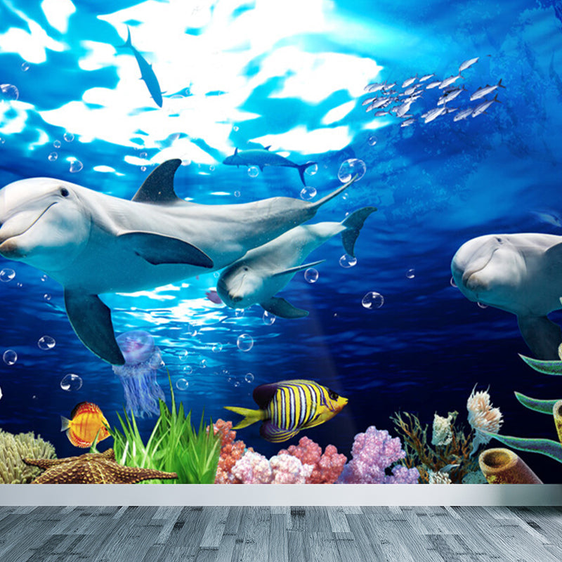 Kids Undersea World Mural Wallpaper Blue Aquarium Wall Covering for Child Bedroom Clearhalo 'Wall Decor' 'Wall Mural' 1698606