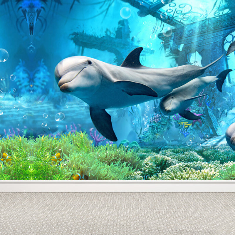 Kids Undersea World Mural Wallpaper Blue Aquarium Wall Covering for Child Bedroom Blue Design 2 Clearhalo 'Wall Decor' 'Wall Mural' 1698609
