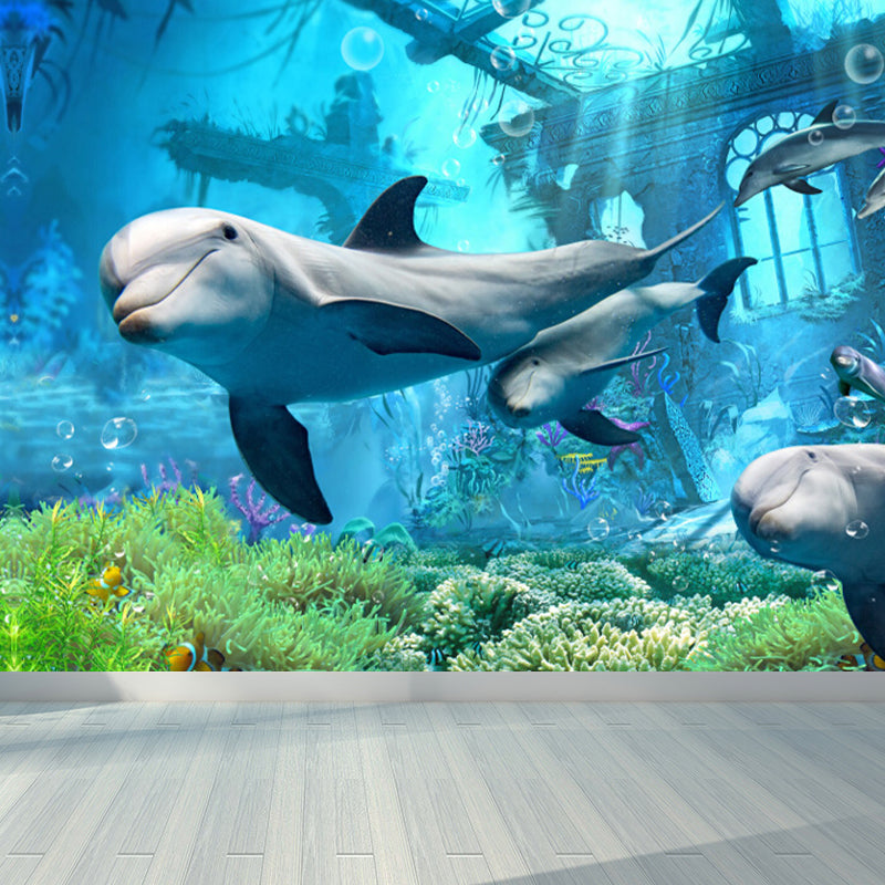 Kids Undersea World Mural Wallpaper Blue Aquarium Wall Covering