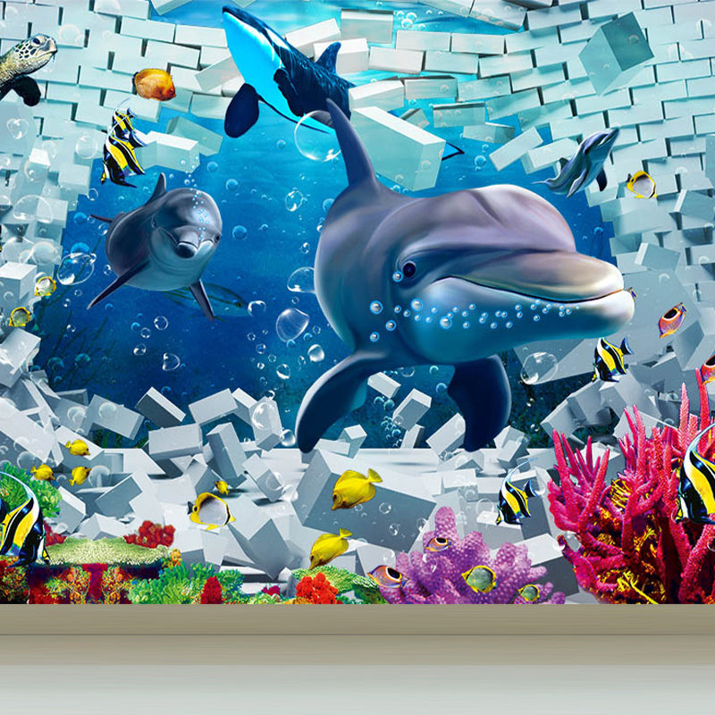 Kids Undersea World Mural Wallpaper Blue Aquarium Wall Covering for Child Bedroom Blue Design 3 Clearhalo 'Wall Decor' 'Wall Mural' 1698614