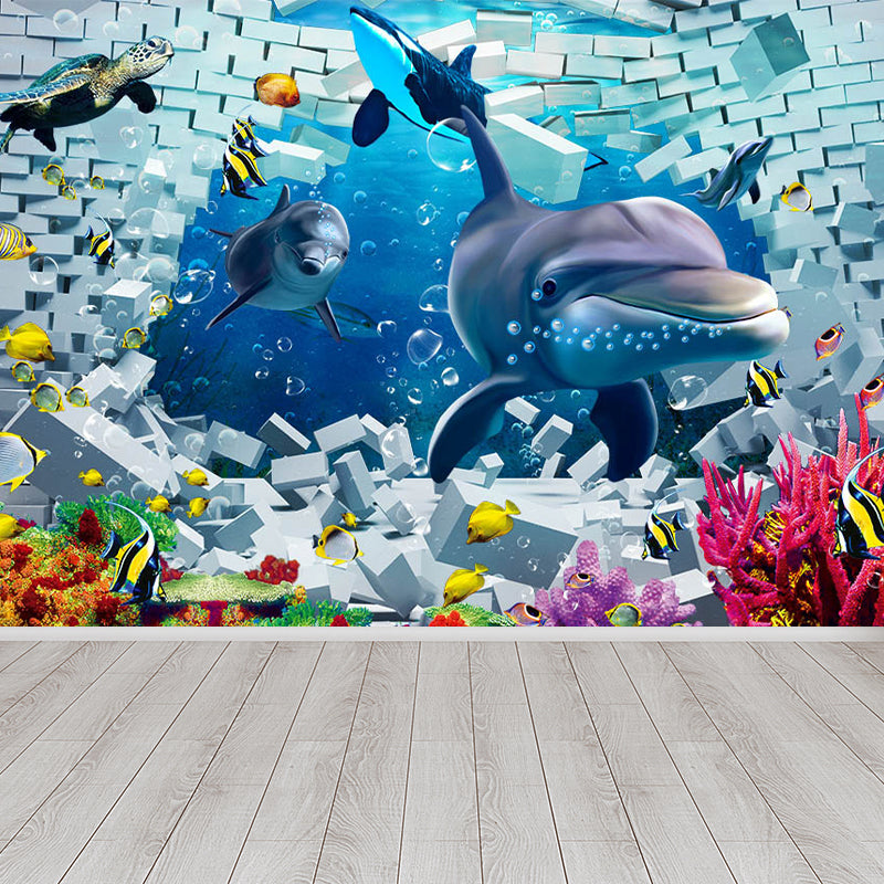 Kids Undersea World Mural Wallpaper Blue Aquarium Wall Covering for Child Bedroom Clearhalo 'Wall Decor' 'Wall Mural' 1698616