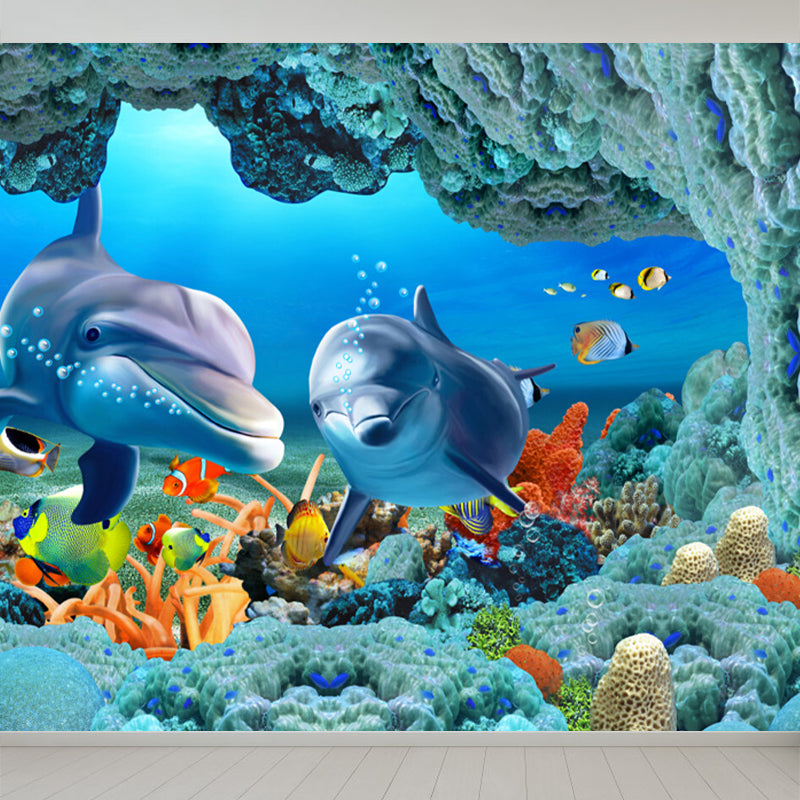 Kids Undersea World Mural Wallpaper Blue Aquarium Wall Covering for Child Bedroom Blue Design 4 Clearhalo 'Wall Decor' 'Wall Mural' 1698619