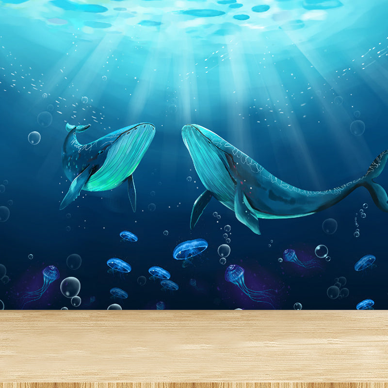 Blue Underwater Dolphins Wallpaper Mural Stain Resistant Wall Art for Kids Bedroom Blue Design 1 Clearhalo 'Wall Decor' 'Wall Mural' 1698624