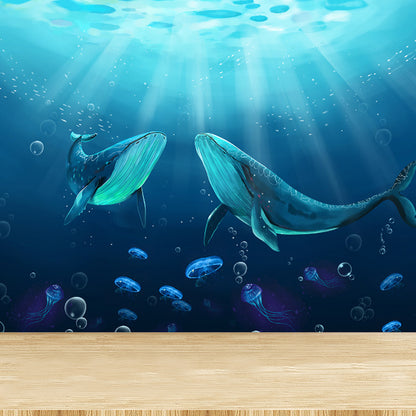 Blue Underwater Dolphins Wallpaper Mural Stain Resistant Wall Art for Kids Bedroom Blue Design 1 Clearhalo 'Wall Decor' 'Wall Mural' 1698624