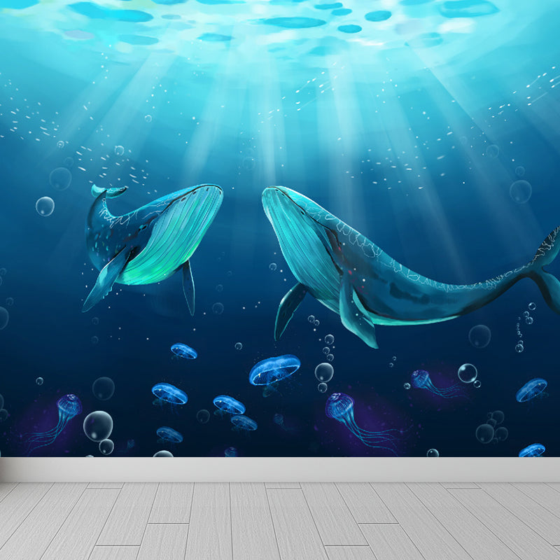 Blue Underwater Dolphins Wallpaper Mural Stain Resistant Wall Art for Kids Bedroom Clearhalo 'Wall Decor' 'Wall Mural' 1698625