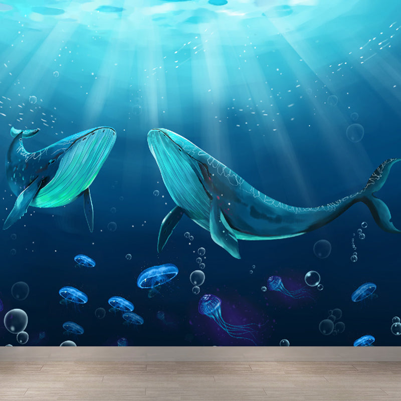 Blue Underwater Dolphins Wallpaper Mural Stain Resistant Wall Art for Kids Bedroom Clearhalo 'Wall Decor' 'Wall Mural' 1698626