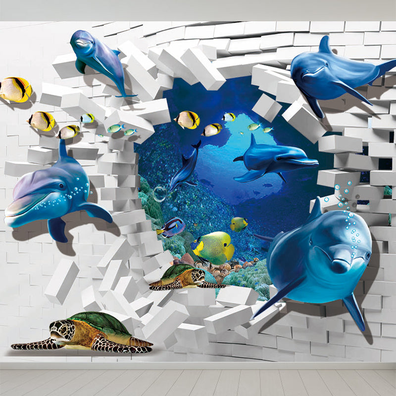 Blue Underwater Dolphins Wallpaper Mural Stain Resistant Wall Art for Kids Bedroom Clearhalo 'Wall Decor' 'Wall Mural' 1698631