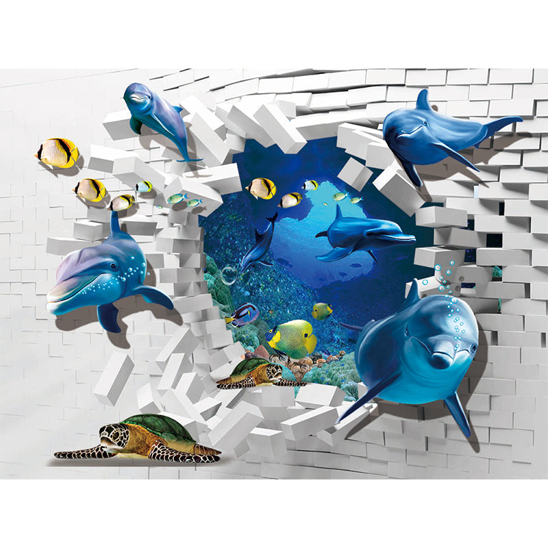 Blue Underwater Dolphins Wallpaper Mural Stain Resistant Wall Art for Kids Bedroom Clearhalo 'Wall Decor' 'Wall Mural' 1698632