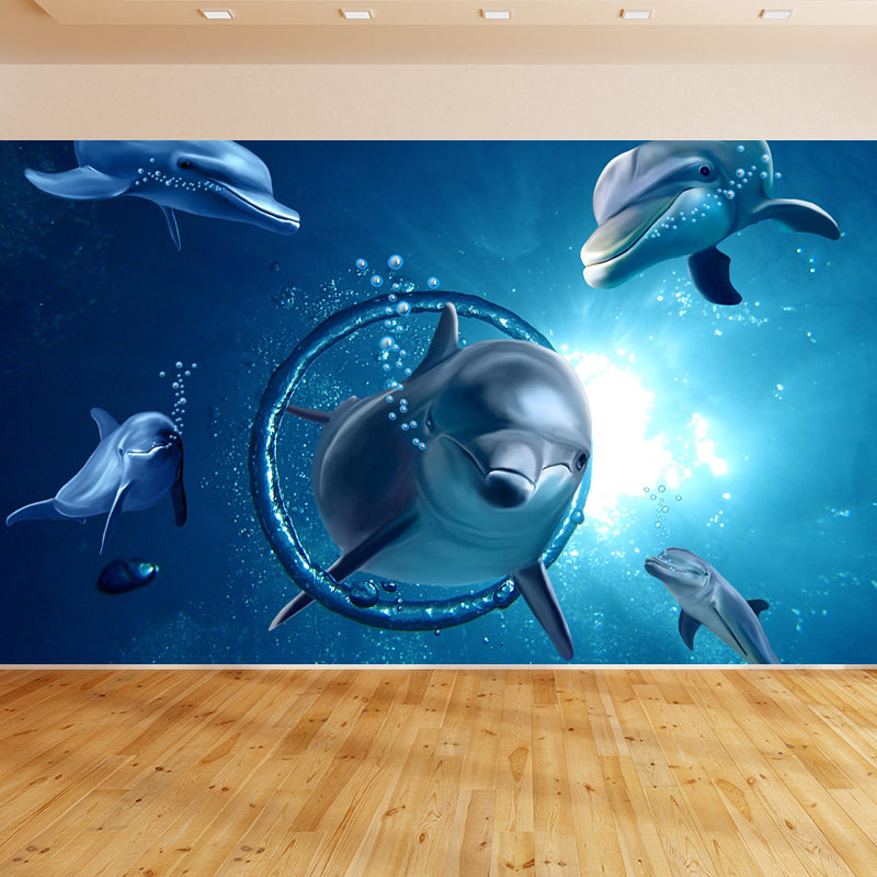 Blue Underwater Dolphins Wallpaper Mural Stain Resistant Wall Art for Kids Bedroom Blue Design 4 Clearhalo 'Wall Decor' 'Wall Mural' 1698639