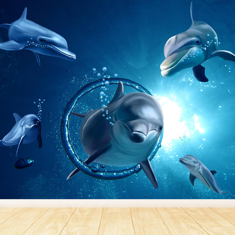 Blue Underwater Dolphins Wallpaper Mural Stain Resistant Wall Art for Kids Bedroom Clearhalo 'Wall Decor' 'Wall Mural' 1698641