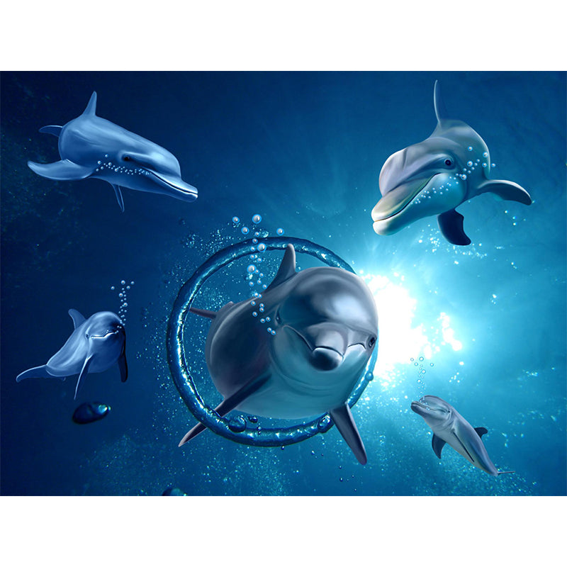 Blue Underwater Dolphins Wallpaper Mural Stain Resistant Wall Art for Kids Bedroom Clearhalo 'Wall Decor' 'Wall Mural' 1698642