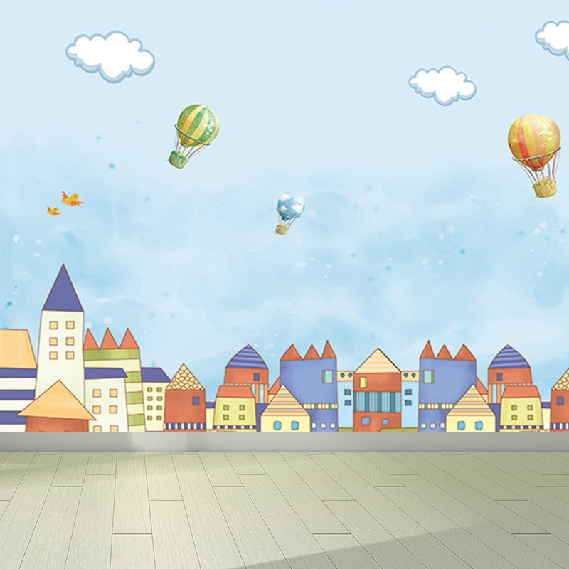 Non-Woven Big Blue Mural Cartoon Hot Air Balloons Wall Decor, Custom Size Available Clearhalo 'Wall Decor' 'Wall Mural' 1698749