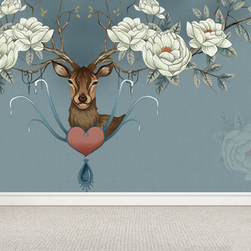 Illustration Style Reindeer Wall Mural Giant Wall Covering for Dining Room, Custom Clearhalo 'Wall Decor' 'Wall Mural' 1698893