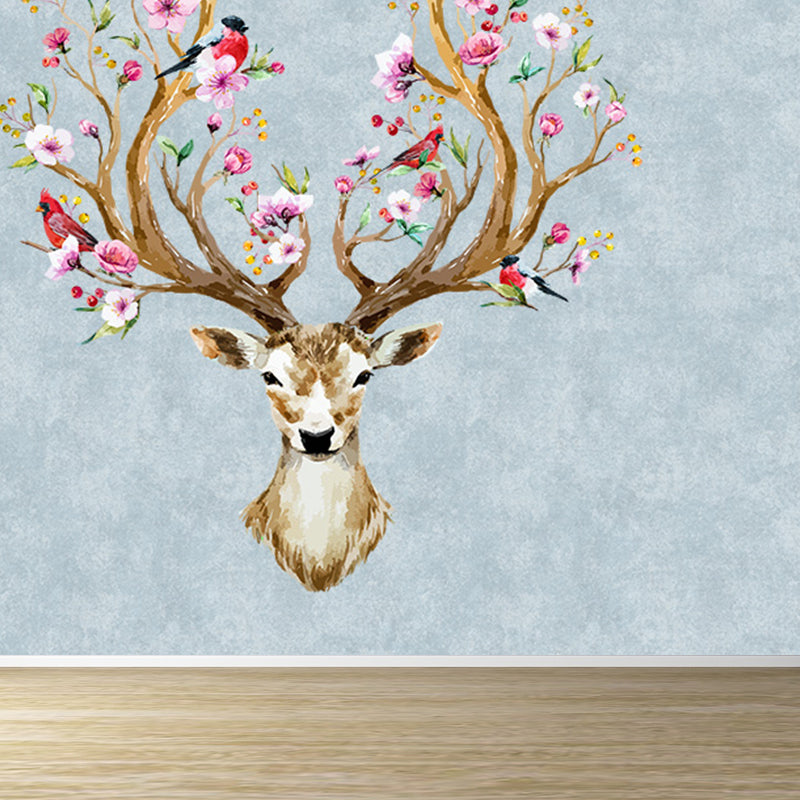 Illustration Style Reindeer Wall Mural Giant Wall Covering for Dining Room, Custom Blue Clearhalo 'Wall Decor' 'Wall Mural' 1698897