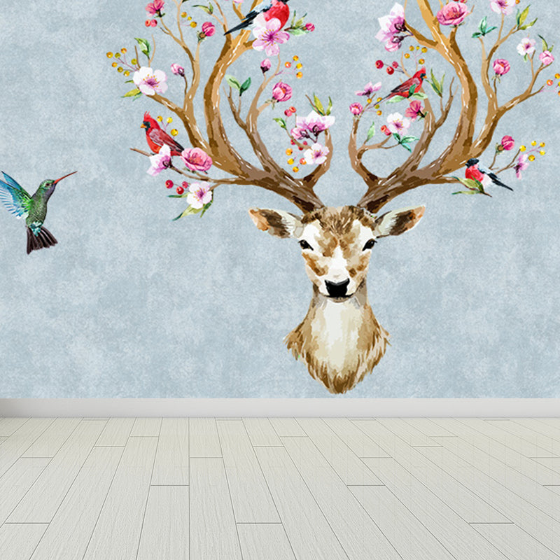 Illustration Style Reindeer Wall Mural Giant Wall Covering for Dining Room, Custom Clearhalo 'Wall Decor' 'Wall Mural' 1698898