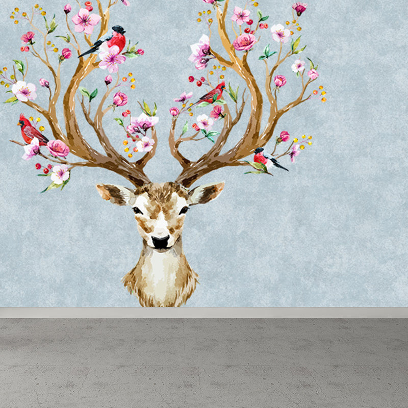 Illustration Style Reindeer Wall Mural Giant Wall Covering for Dining Room, Custom Clearhalo 'Wall Decor' 'Wall Mural' 1698899