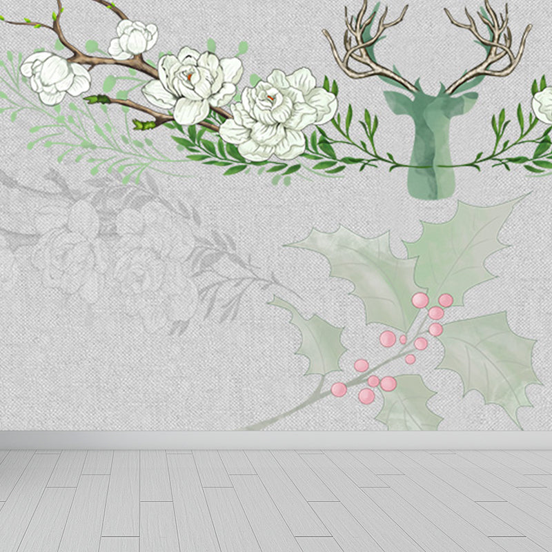 Illustration Style Reindeer Wall Mural Giant Wall Covering for Dining Room, Custom Grey Clearhalo 'Wall Decor' 'Wall Mural' 1698902