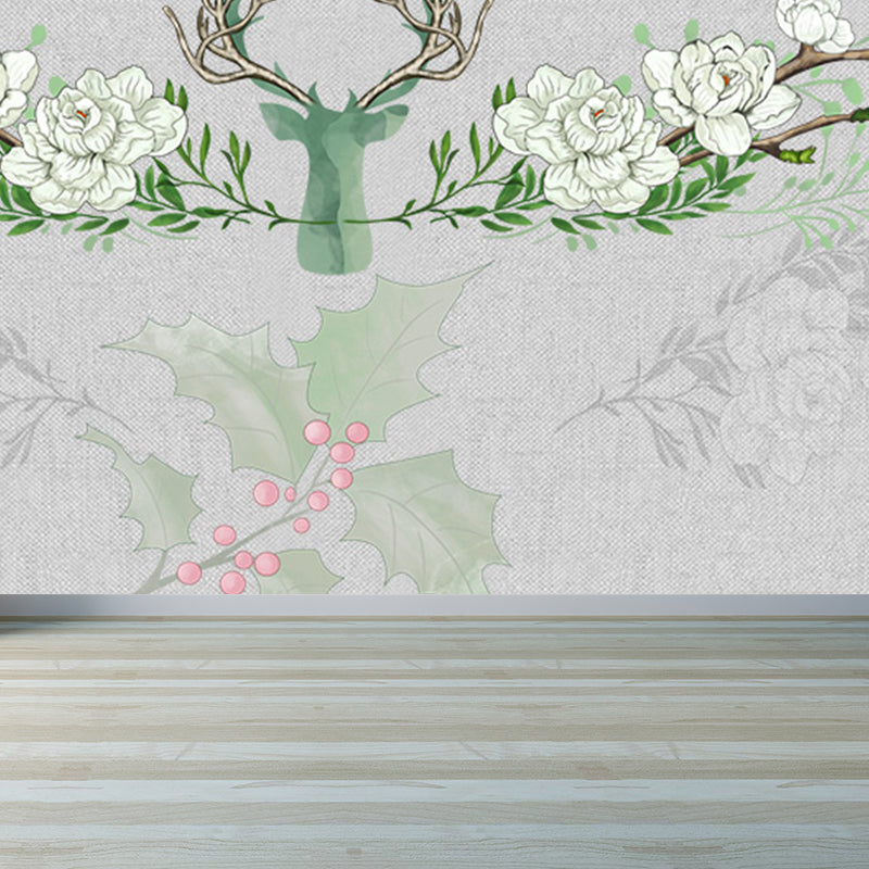 Illustration Style Reindeer Wall Mural Giant Wall Covering for Dining Room, Custom Clearhalo 'Wall Decor' 'Wall Mural' 1698903
