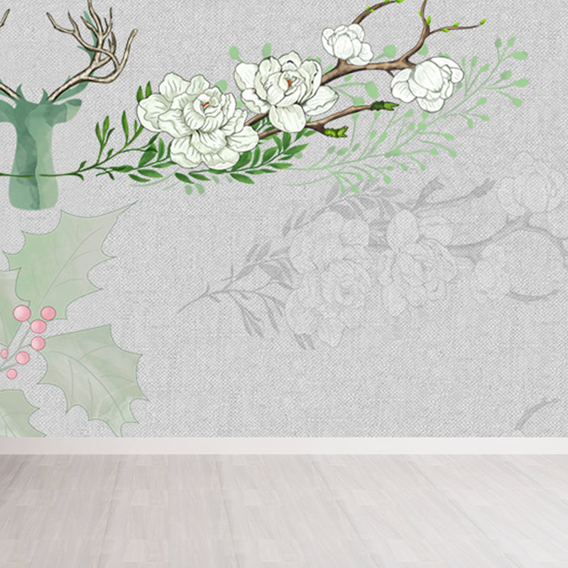 Illustration Style Reindeer Wall Mural Giant Wall Covering for Dining Room, Custom Clearhalo 'Wall Decor' 'Wall Mural' 1698904