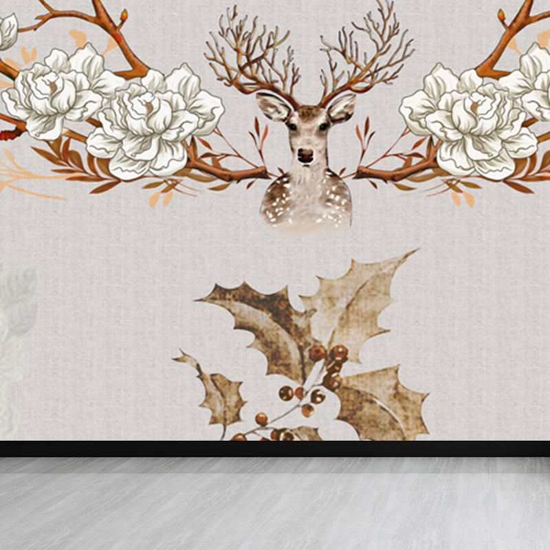 Illustration Style Reindeer Wall Mural Giant Wall Covering for Dining Room, Custom Brown Clearhalo 'Wall Decor' 'Wall Mural' 1698907