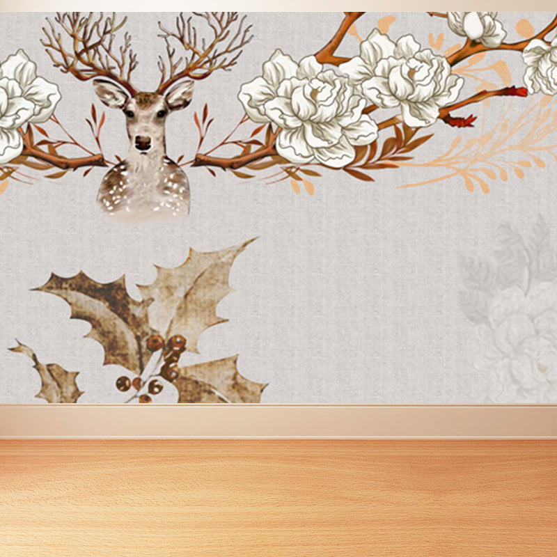 Illustration Style Reindeer Wall Mural Giant Wall Covering for Dining Room, Custom Clearhalo 'Wall Decor' 'Wall Mural' 1698908