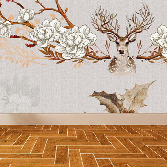 Illustration Style Reindeer Wall Mural Giant Wall Covering for Dining Room, Custom Clearhalo 'Wall Decor' 'Wall Mural' 1698909