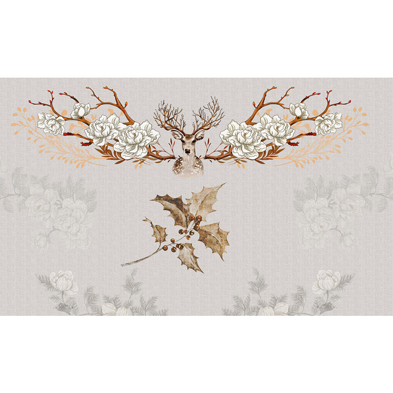 Illustration Style Reindeer Wall Mural Giant Wall Covering for Dining Room, Custom Clearhalo 'Wall Decor' 'Wall Mural' 1698910
