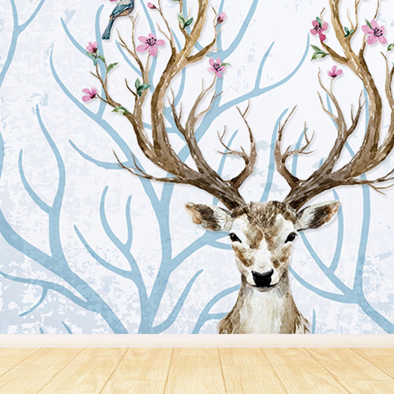 Illustration Tame Moose Mural Decal for Living Room, Soft Color, Custom Size Available Blue Clearhalo 'Wall Decor' 'Wall Mural' 1698922