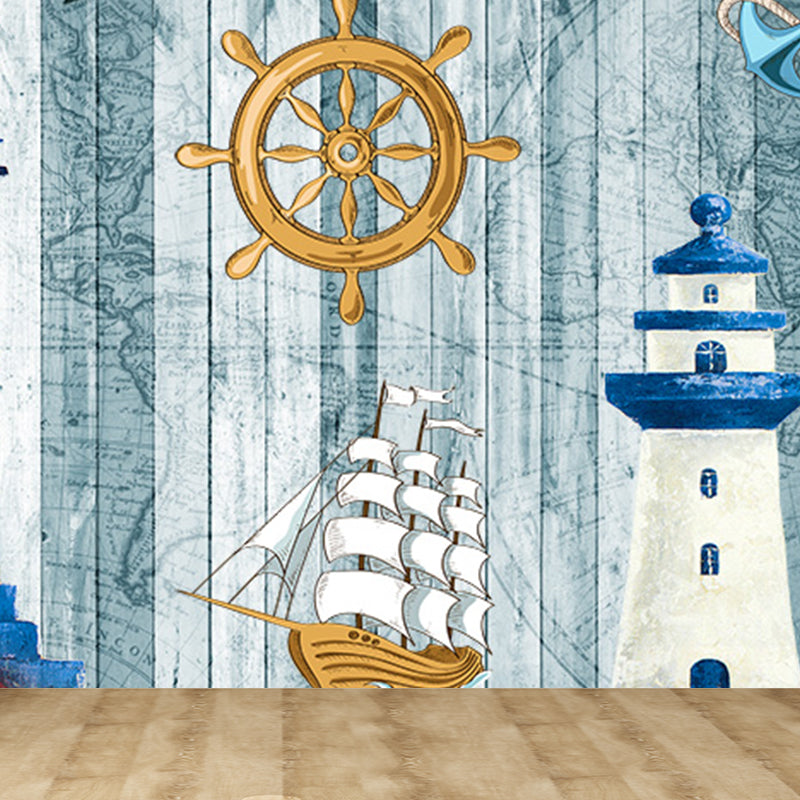 Nautical Lighthouse Mural Wallpaper Cartoon Non-Woven Cloth Wall Decor for Living Room Blue Design 1 Clearhalo 'Wall Decor' 'Wall Mural' 1699004