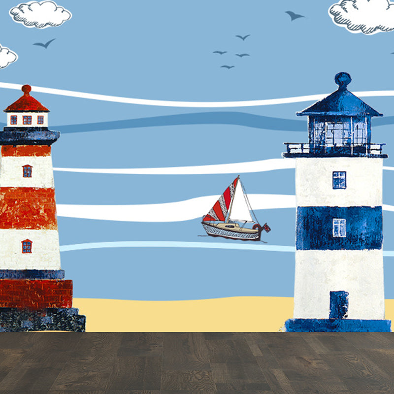 Nautical Lighthouse Mural Wallpaper Cartoon Non-Woven Cloth Wall Decor for Living Room Blue Design 2 Clearhalo 'Wall Decor' 'Wall Mural' 1699009