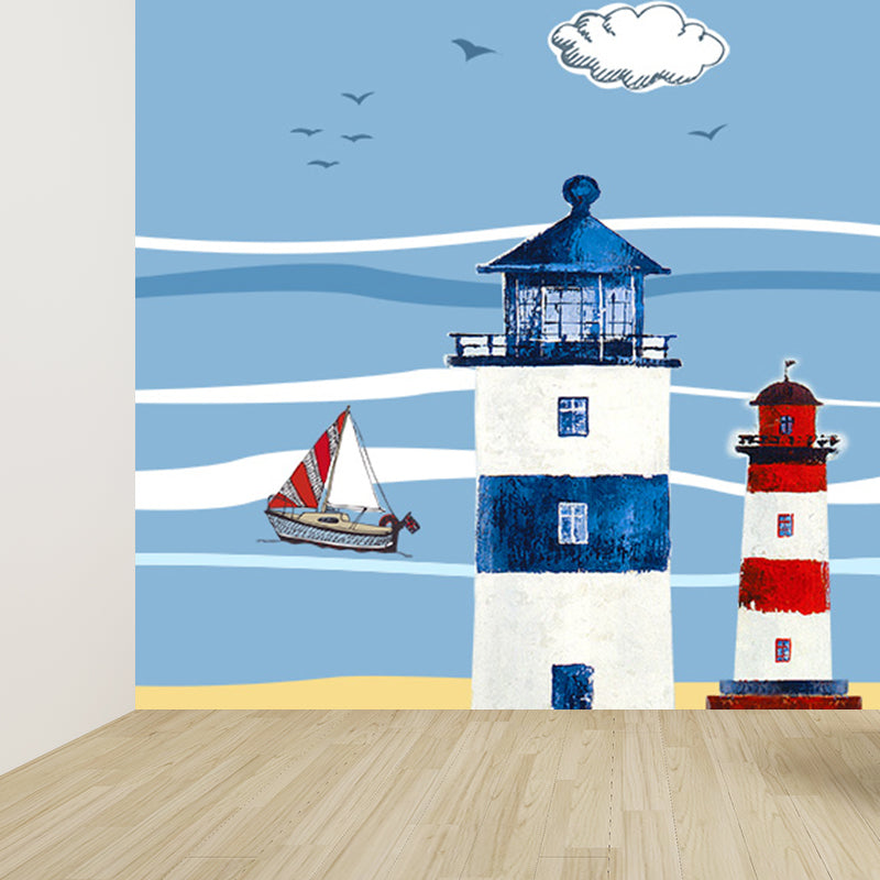 Nautical Lighthouse Mural Wallpaper Cartoon Non-Woven Cloth Wall Decor for Living Room Clearhalo 'Wall Decor' 'Wall Mural' 1699010